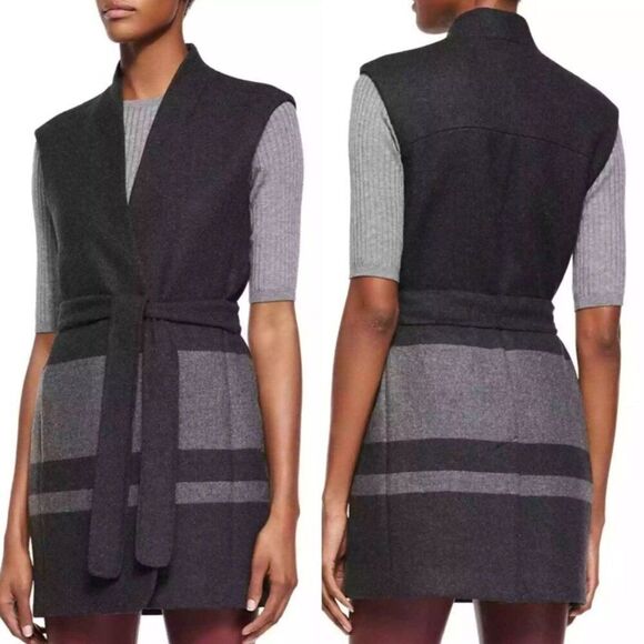 Vince Jackets & Blazers - VINCE Blanket Stripe Long Vest Belted Gray Wool Blend Pockets Size M NWOT